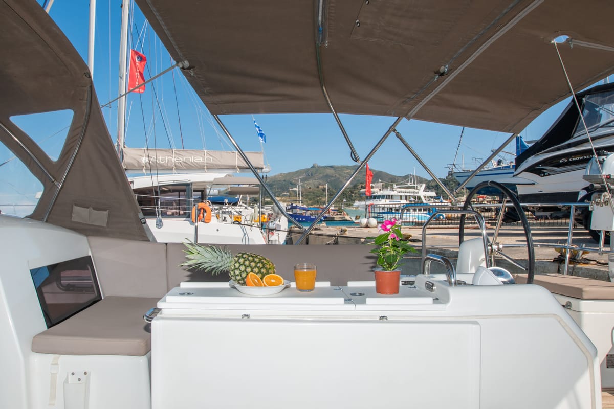 Deck of Knot, a Jeanneau Sun Odyssey 490 sailboat at Zakynthos Municipal Unit, Greece