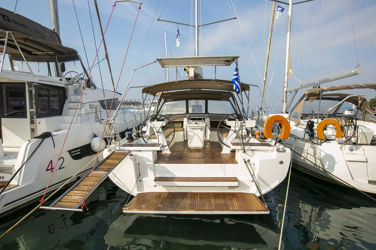 Exterior view of Dancing Queen, a Beneteau Oceanis 46.1 sailboat at Athens, Greece