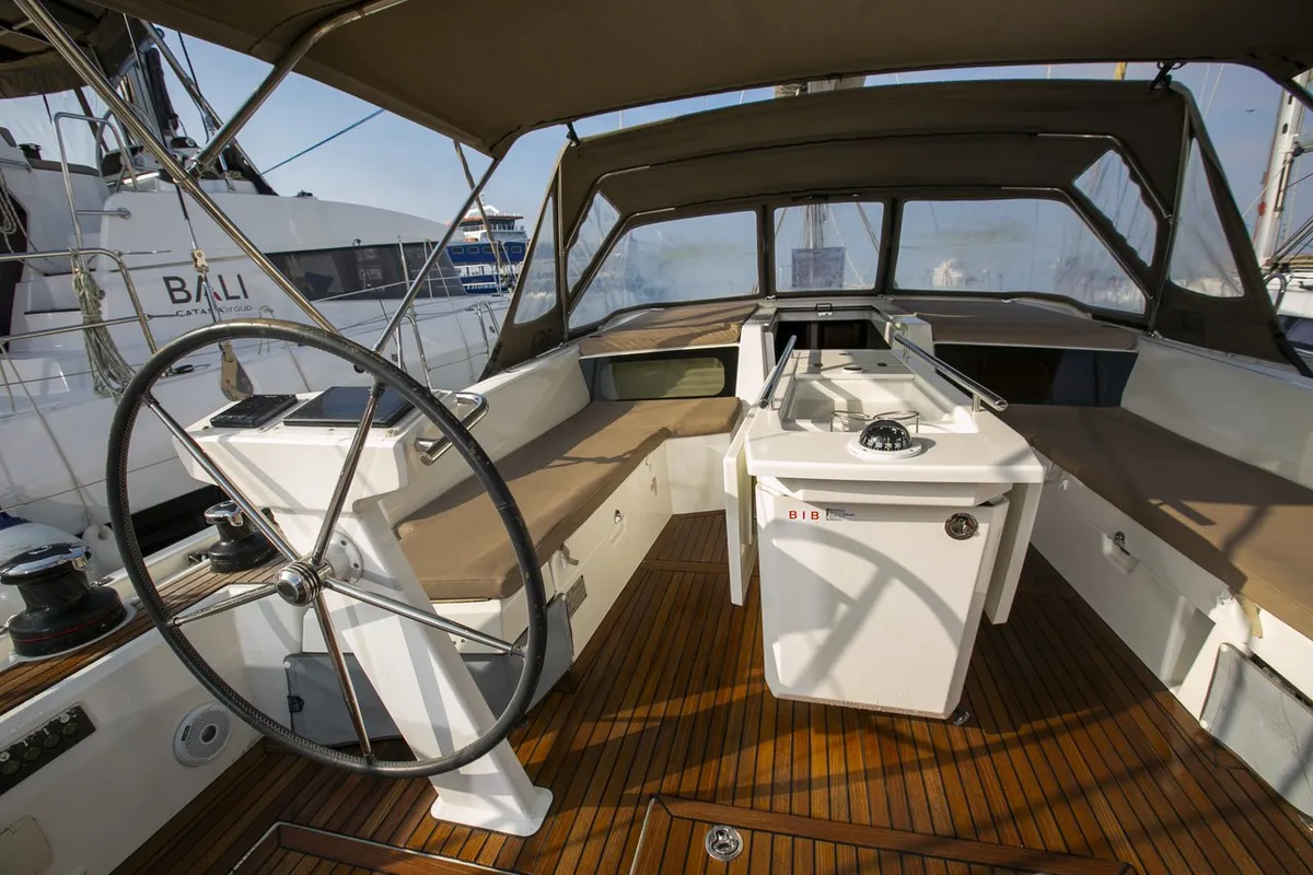 Cockpit of Dancing Queen, a Beneteau Oceanis 46.1 sailboat at Athens, Greece