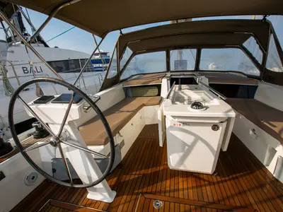 Cockpit of Dancing Queen, a Beneteau Oceanis 46.1 sailboat at Athens, Greece