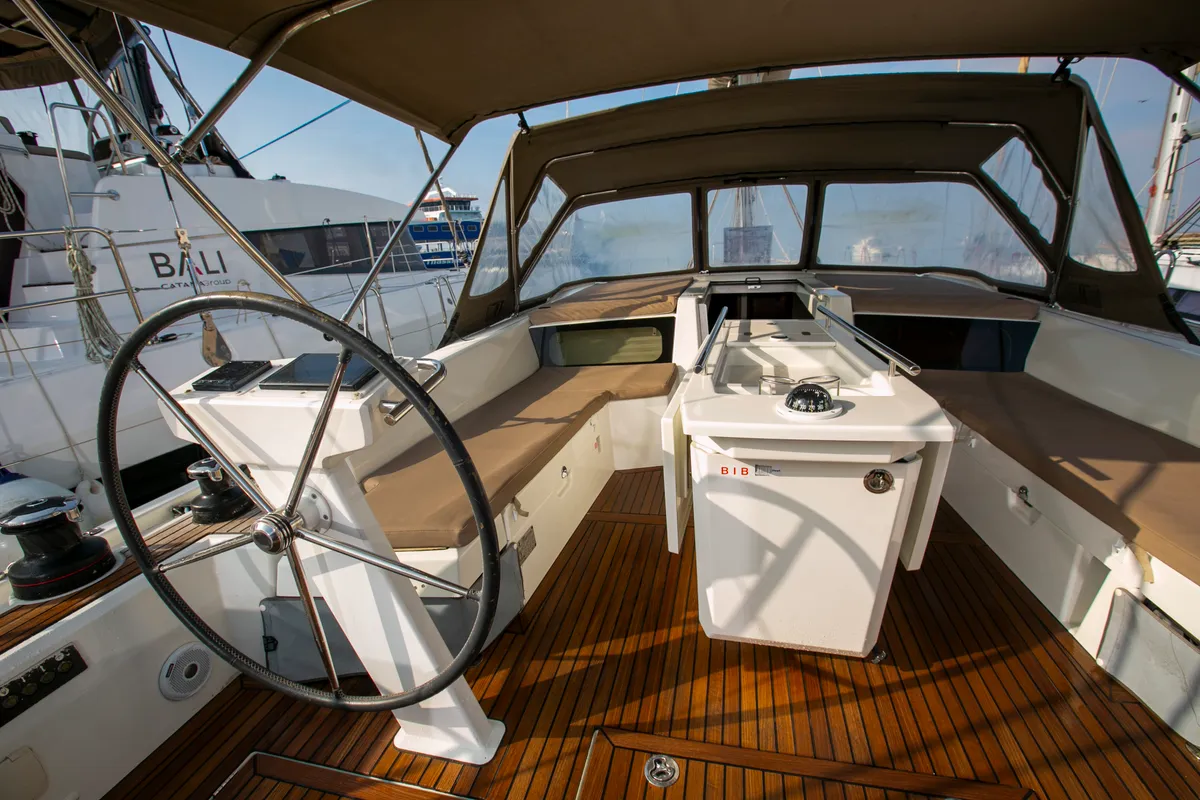 Cockpit of Dancing Queen, a Beneteau Oceanis 46.1 sailboat at Athens, Greece