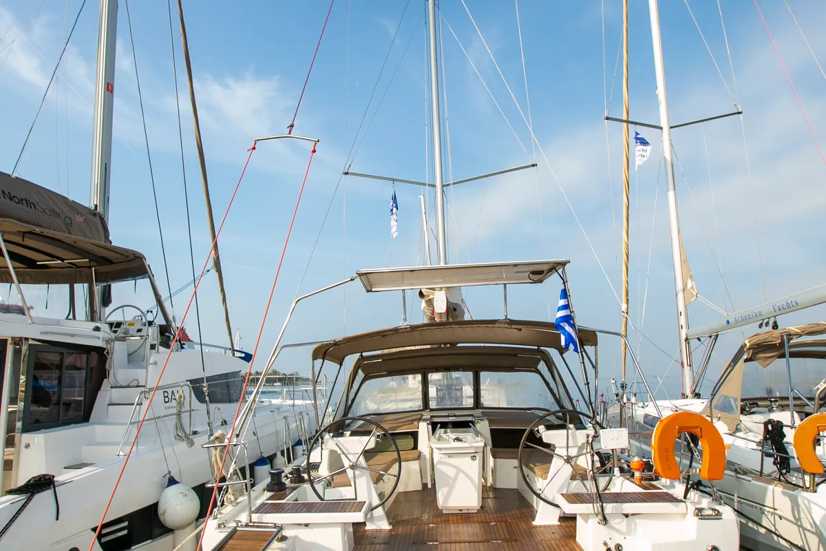 Exterior view of Dancing Queen, a Beneteau Oceanis 46.1 sailboat at Athens, Greece