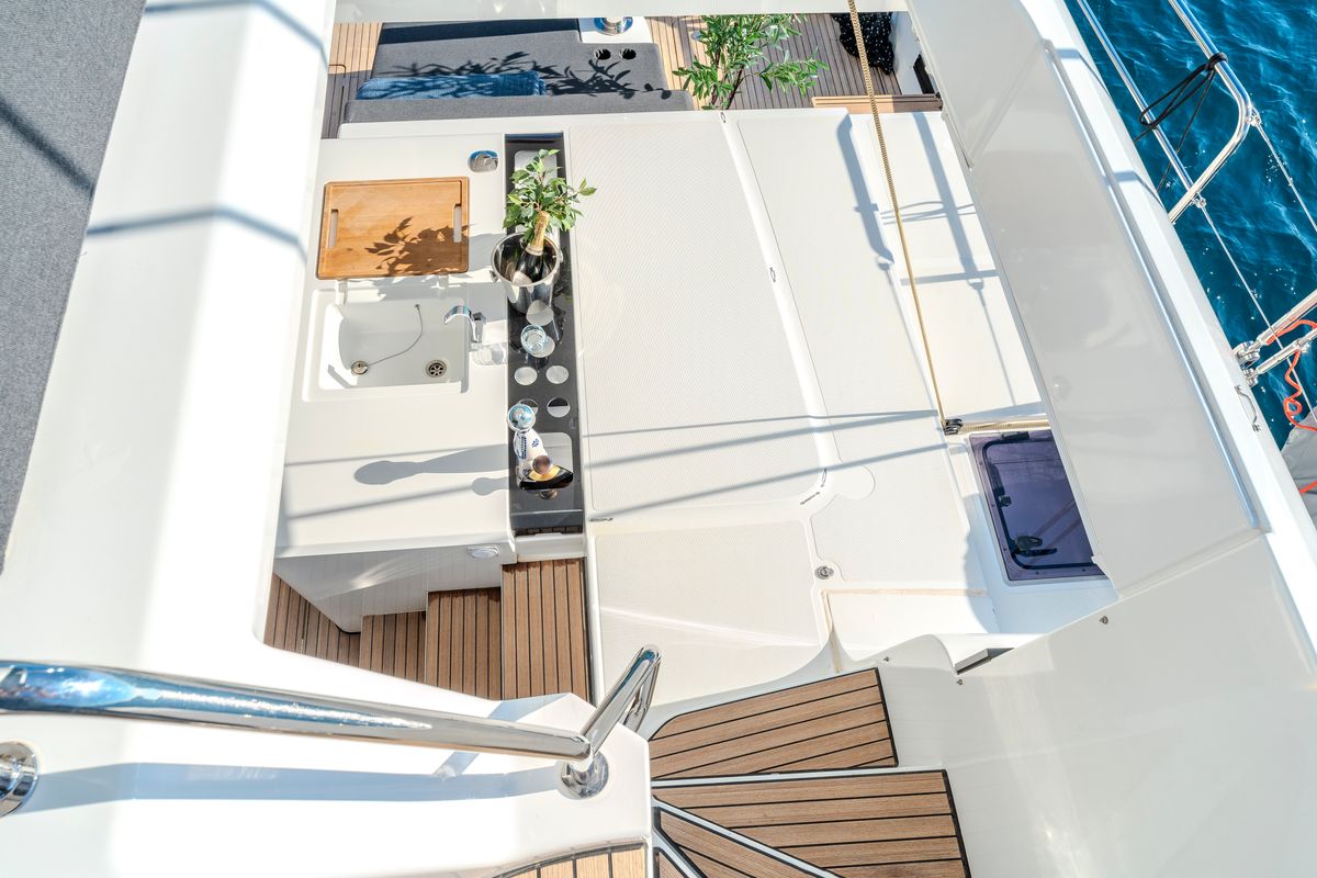 Deck of Black Caviar, a Lagoon 55 catamaran at Split, Croatia