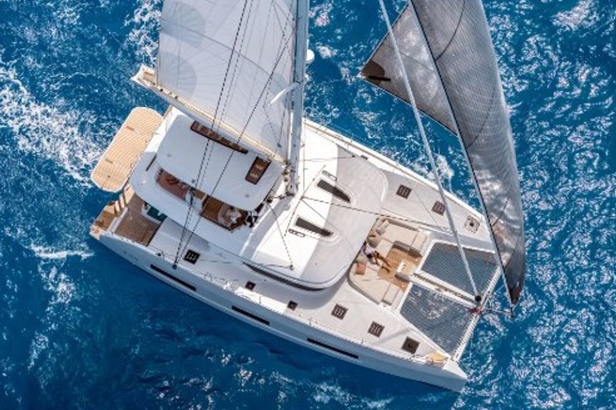 Exterior view of Black Caviar, a Lagoon 55 catamaran at Split, Croatia