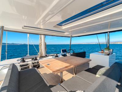 Cockpit of Black Caviar, a Lagoon 55 catamaran at Split, Croatia