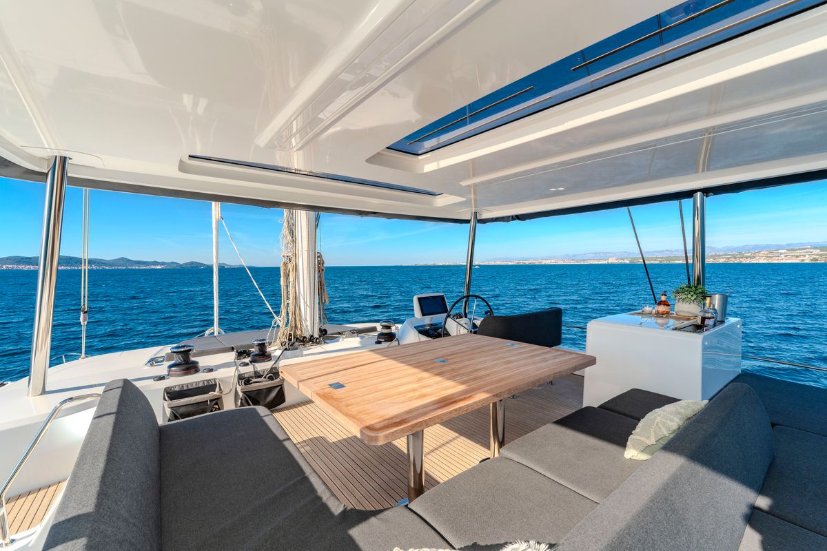 Cockpit of Black Caviar, a Lagoon 55 catamaran at Split, Croatia