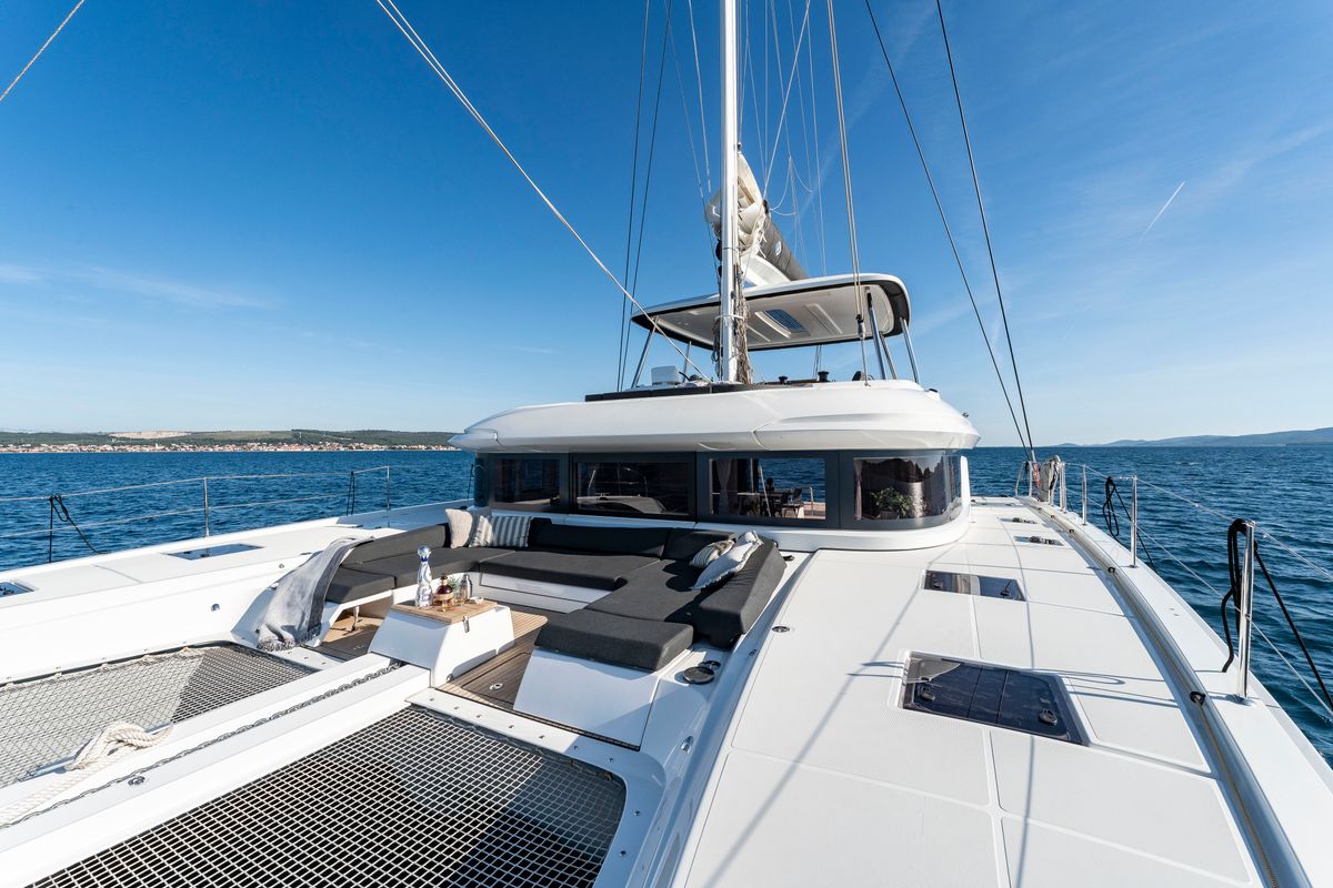 Exterior view of Black Caviar, a Lagoon 55 catamaran at Split, Croatia