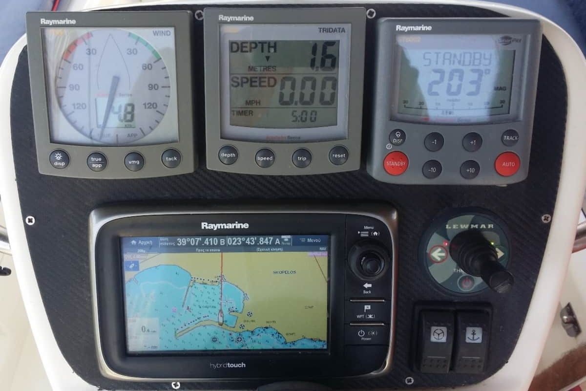 Cockpit of Noelle, a Bavaria 38 sailboat at Port of Avdira, Greece