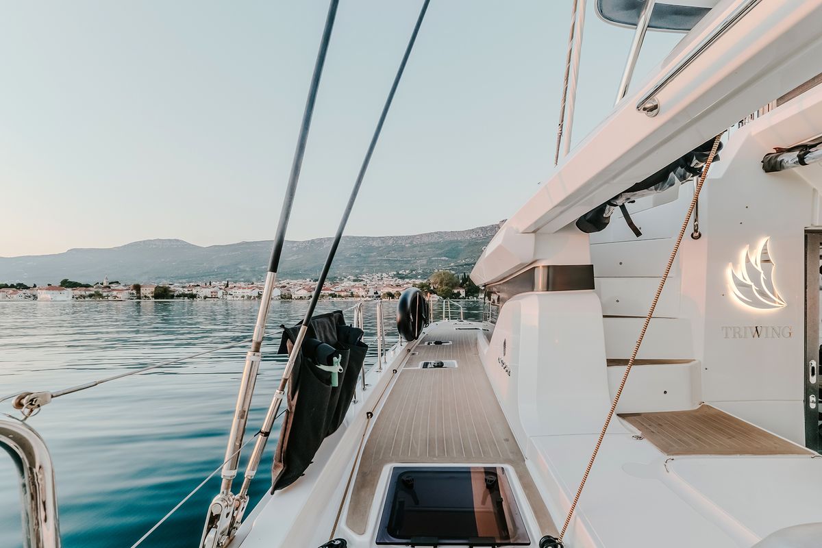 Deck of Triwing Ossus, a Lagoon 55 catamaran at Grad Kaštela, Croatia