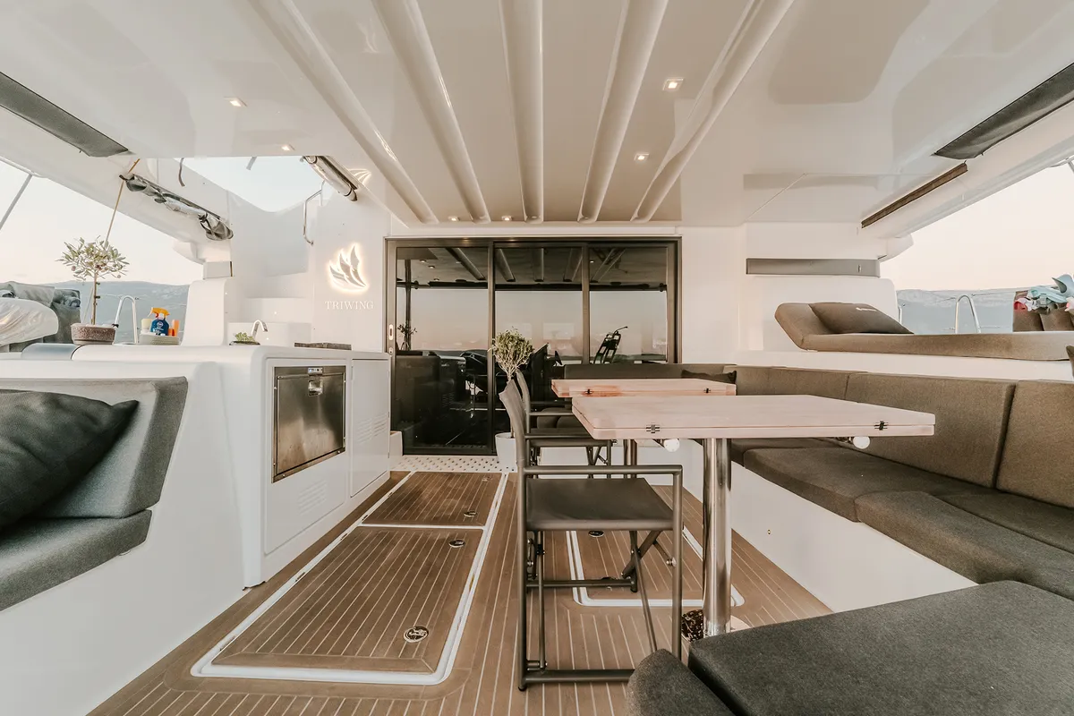 Deck of Triwing Ossus, a Lagoon 55 catamaran at Grad Kaštela, Croatia