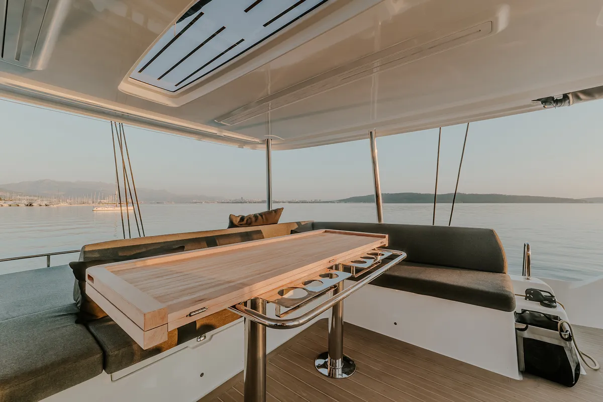 Deck of Triwing Ossus, a Lagoon 55 catamaran at Grad Kaštela, Croatia