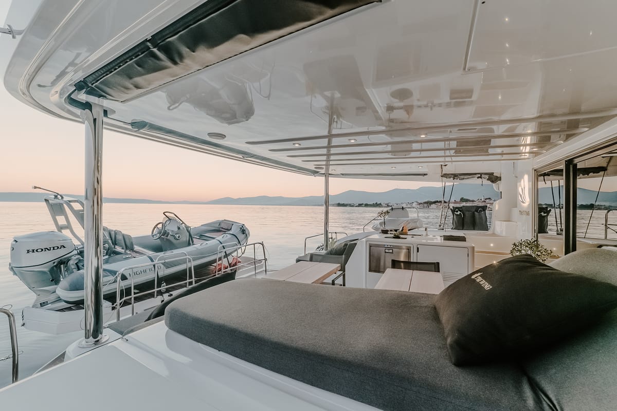 Deck of Triwing Ossus, a Lagoon 55 catamaran at Grad Kaštela, Croatia