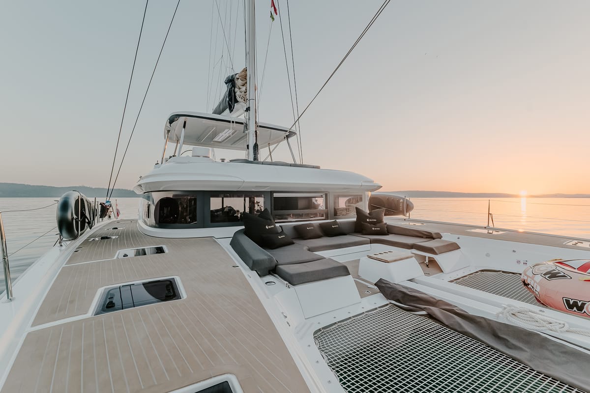 Deck of Triwing Ossus, a Lagoon 55 catamaran at Grad Kaštela, Croatia