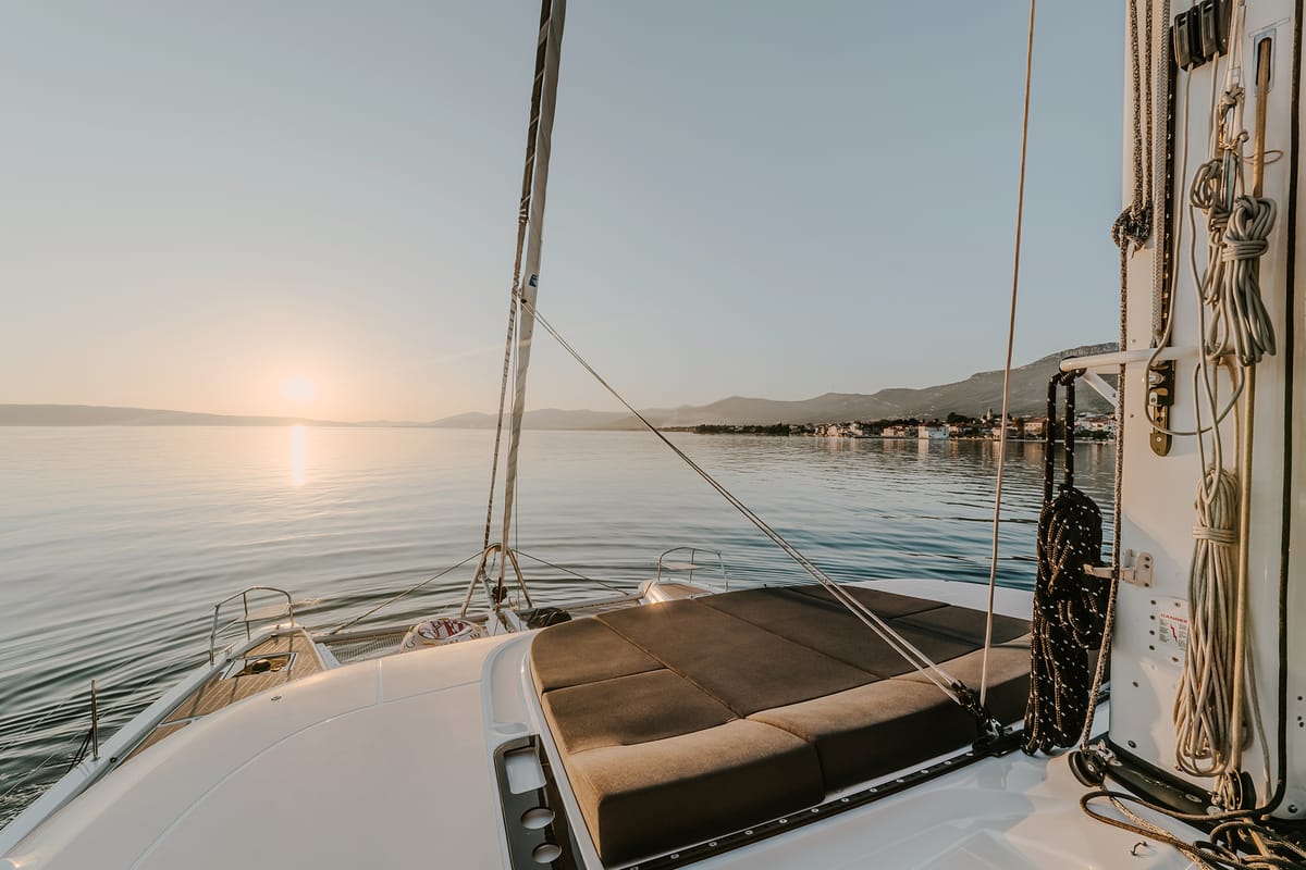 Deck of Triwing Ossus, a Lagoon 55 catamaran at Grad Kaštela, Croatia