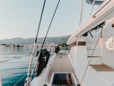 Deck of Triwing Ossus, a Lagoon 55 catamaran at Grad Kaštela, Croatia