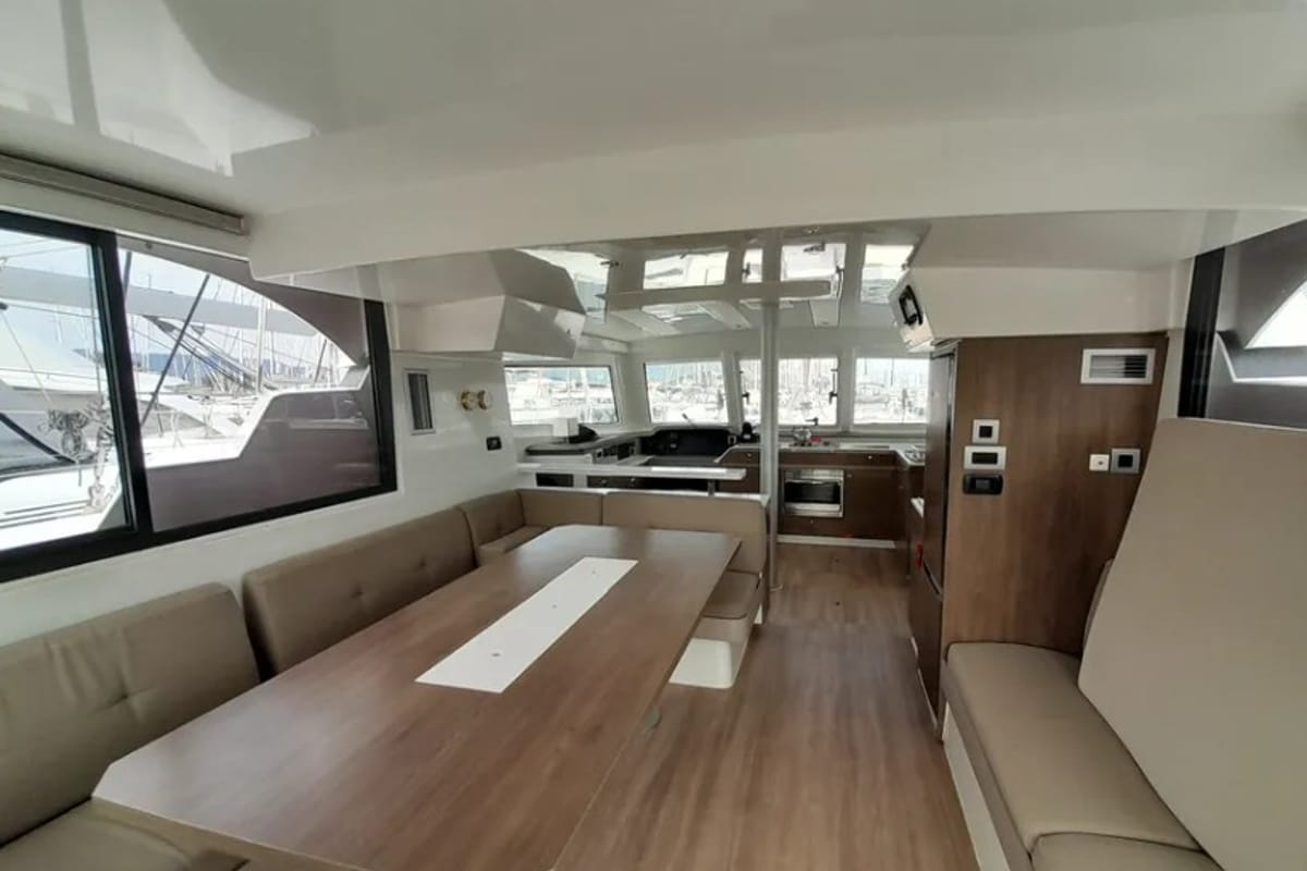 Salon of Hermes, a Bali Catspace catamaran at Municipal Unit of Rhodes, Greece