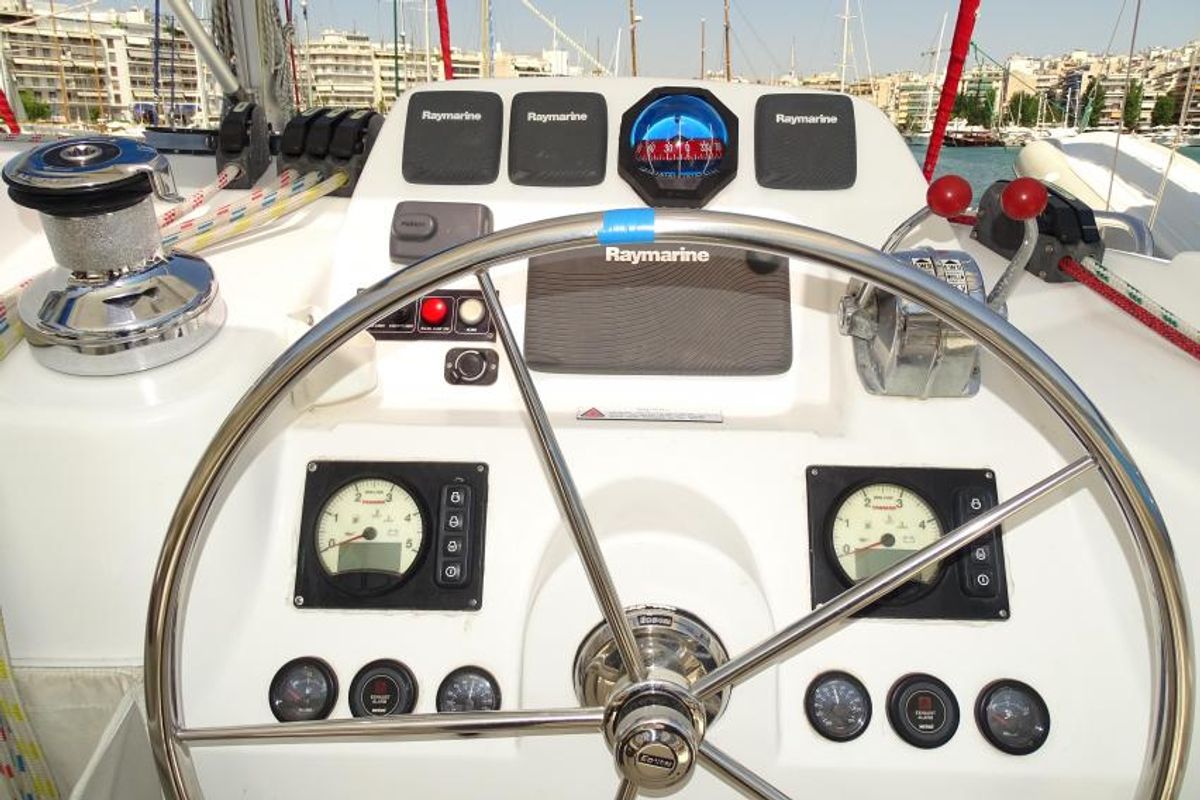 Cockpit of La Luna, a Leopard 44 catamaran at Cienfuegos, Cuba