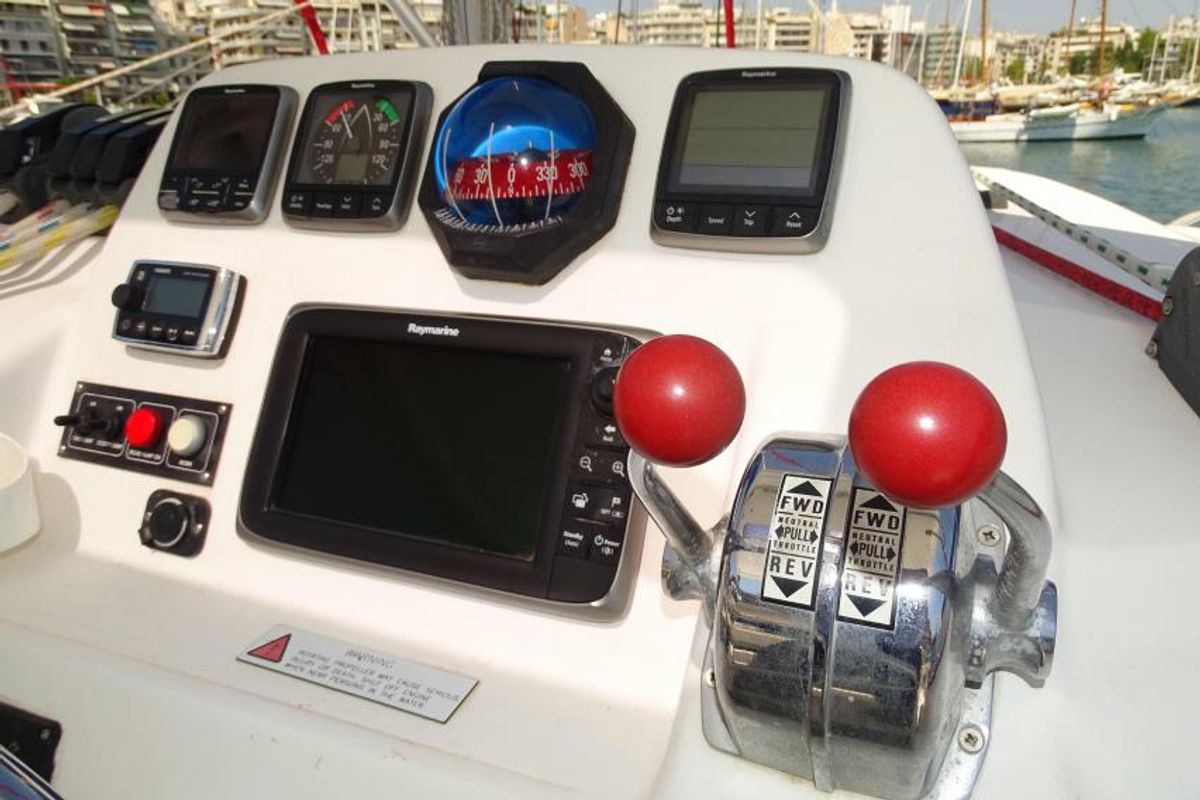 Cockpit of La Luna, a Leopard 44 catamaran at Cienfuegos, Cuba