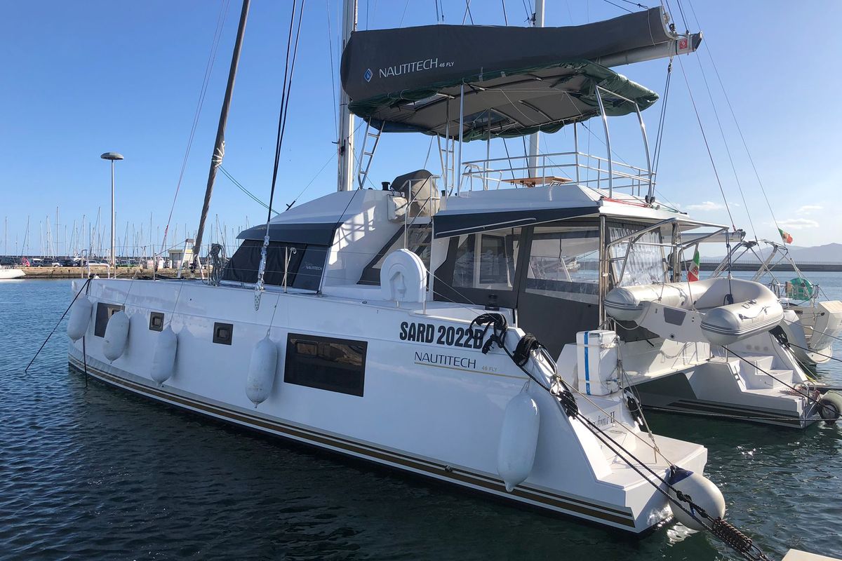 Exterior view of Sardinia II, a Nautitech 46 Fly catamaran at Figari/Golfo Aranci, Italy