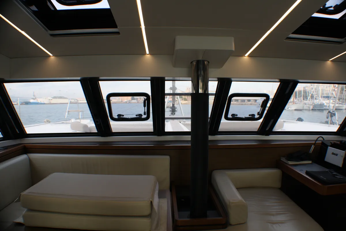 Salon of Sardinia II, a Nautitech 46 Fly catamaran at Figari/Golfo Aranci, Italy