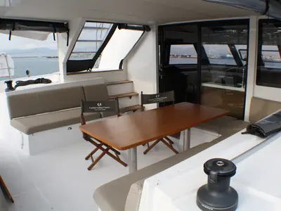 Deck of Sardinia II, a Nautitech 46 Fly catamaran at Figari/Golfo Aranci, Italy