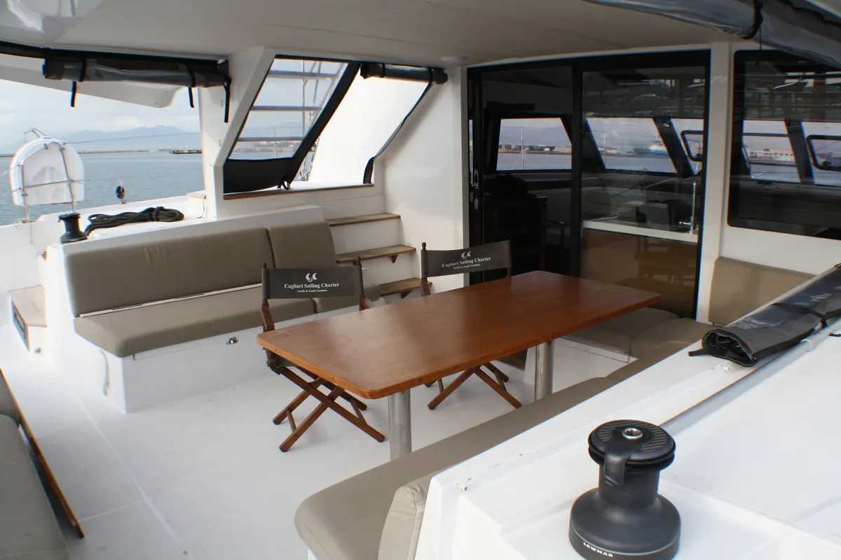 Deck of Sardinia II, a Nautitech 46 Fly catamaran at Figari/Golfo Aranci, Italy