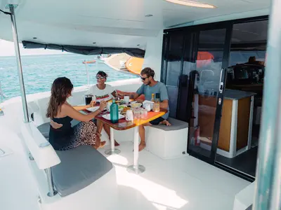 Deck of Atila, a Fountaine Pajot Lipari 41 catamaran at San Blas, Panama