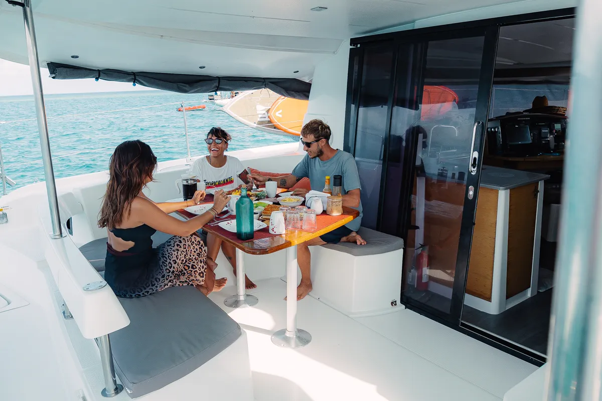 Deck of Atila, a Fountaine Pajot Lipari 41 catamaran at San Blas, Panama