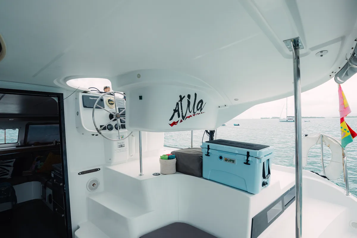 Cockpit of Atila, a Fountaine Pajot Lipari 41 catamaran at San Blas, Panama