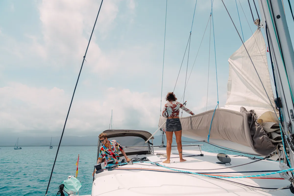 Deck of Atila, a Fountaine Pajot Lipari 41 catamaran at San Blas, Panama