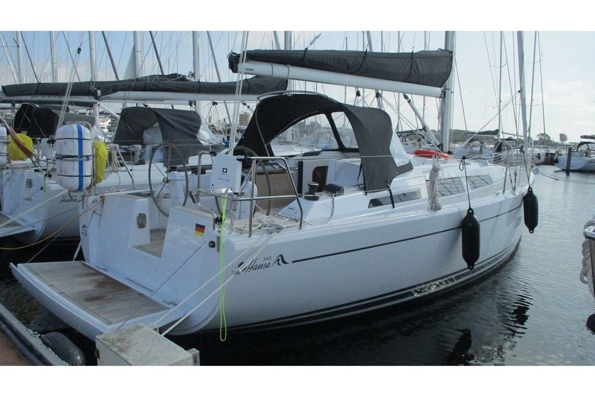 Exterior view of KORMORAN, a Hanse Yachts Hanse 348 sailboat at Gothenburg, Sweden