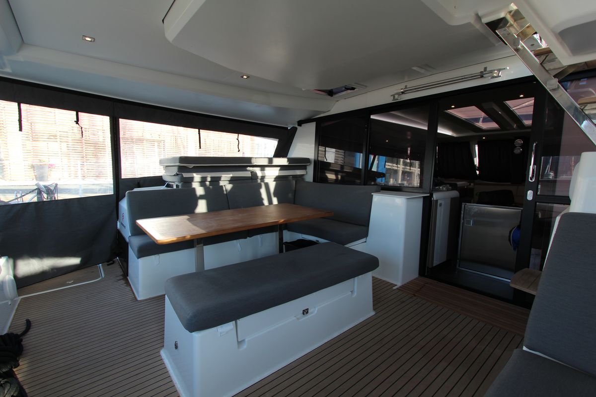 Deck of Sonrisa, a Fountaine Pajot Tanna 47 Maestro catamaran at Olbia, Italy