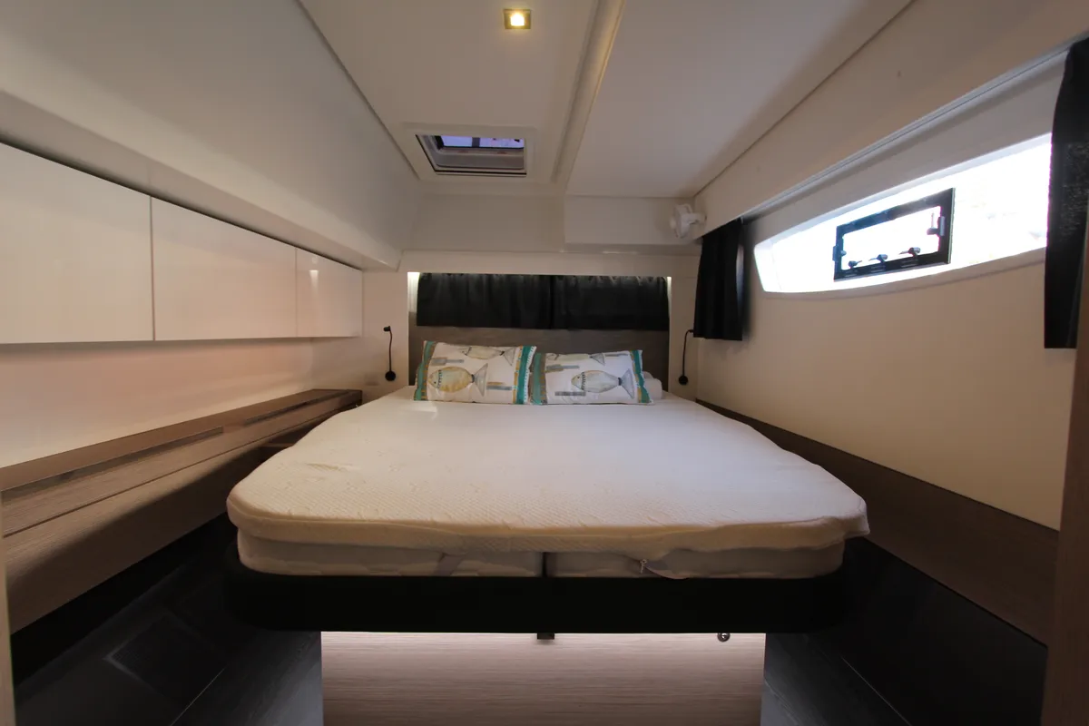 Cabin on Sonrisa, a Fountaine Pajot Tanna 47 Maestro catamaran at Olbia, Italy