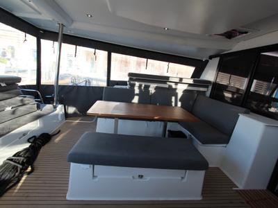 Deck of Sonrisa, a Fountaine Pajot Tanna 47 Maestro catamaran at Olbia, Italy