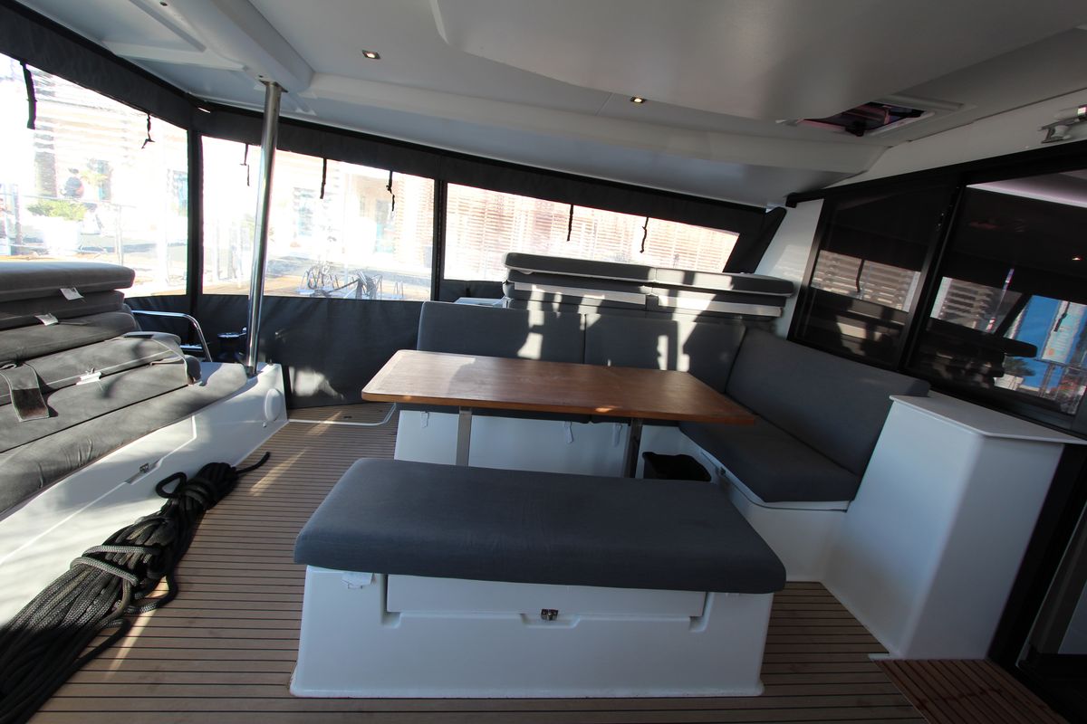 Deck of Sonrisa, a Fountaine Pajot Tanna 47 Maestro catamaran at Olbia, Italy