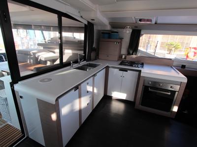 Galley of Sonrisa, a Fountaine Pajot Tanna 47 Maestro catamaran at Olbia, Italy