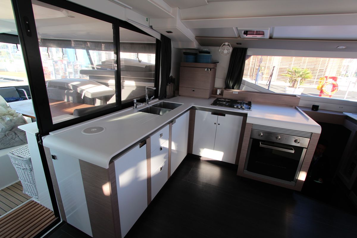 Galley of Sonrisa, a Fountaine Pajot Tanna 47 Maestro catamaran at Olbia, Italy