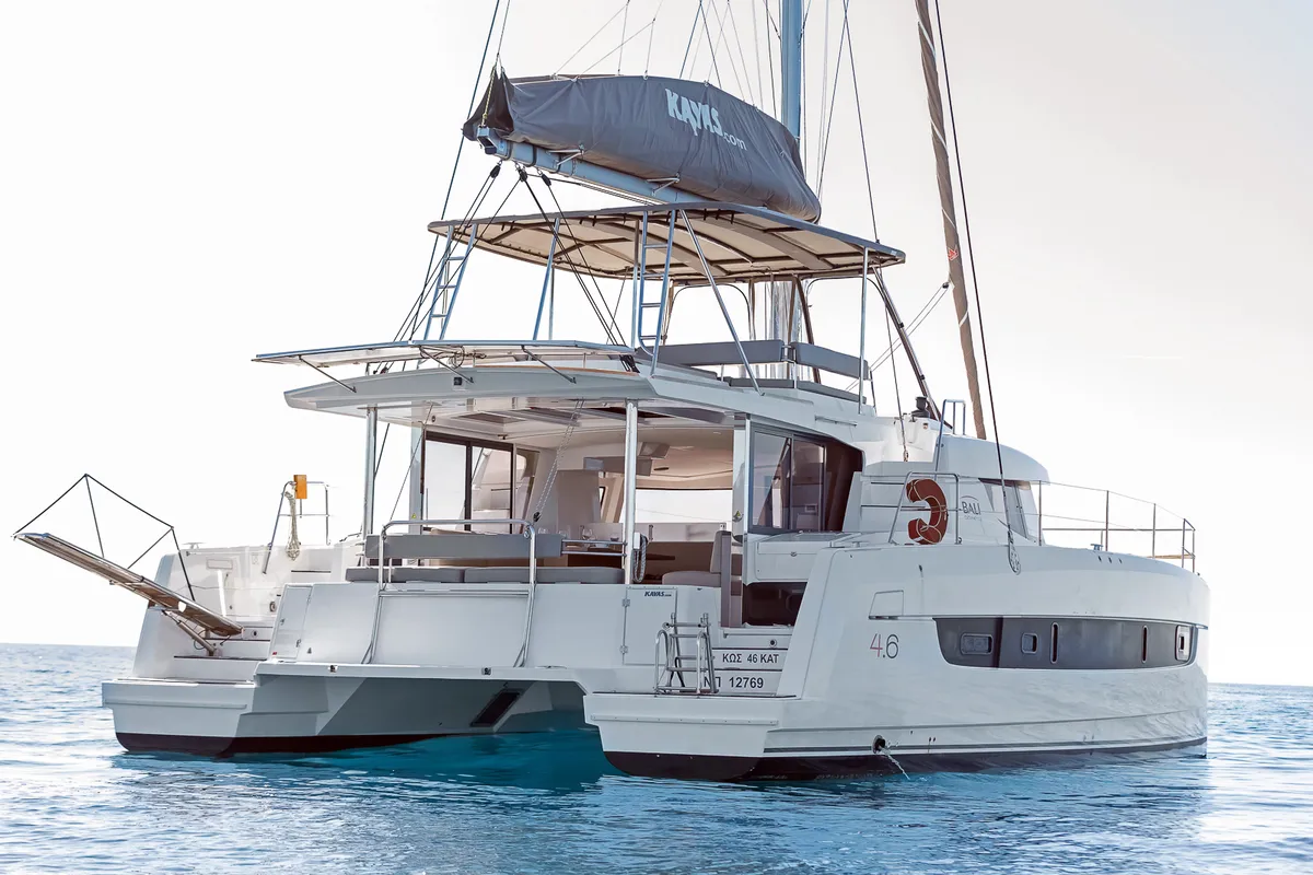 Exterior view of Kos 46.Cat10, a Bali 4.6 catamaran at Athens, Greece