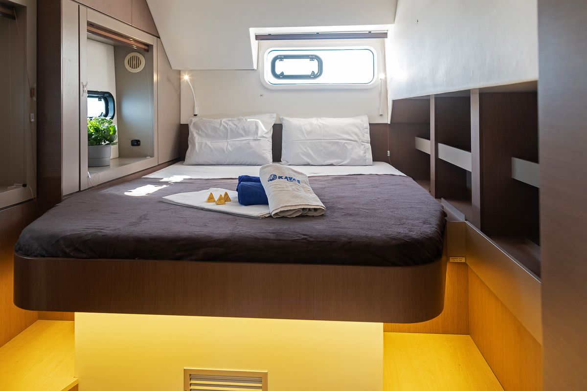 Cabin on Kos 46.Cat10, a Bali 4.6 catamaran at Athens, Greece