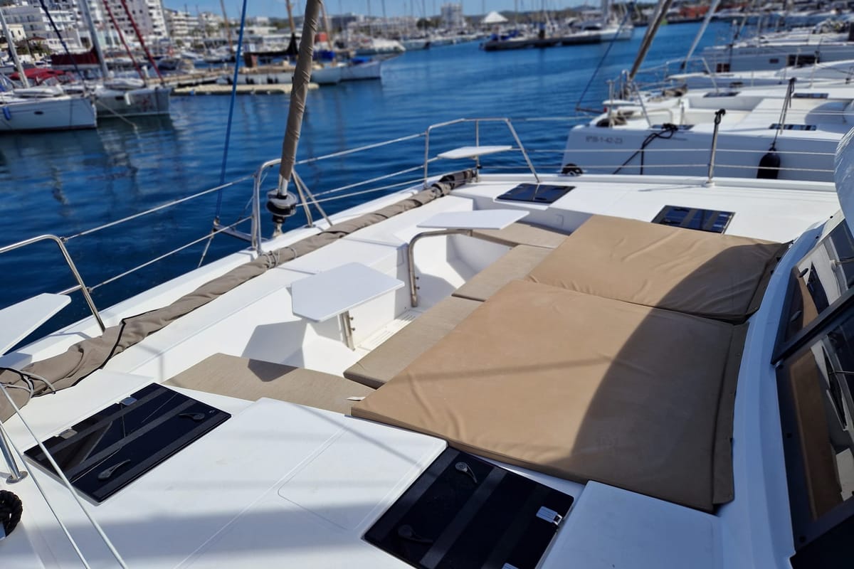Deck of Turandot, a Bali Catspace catamaran at Sant Antoni de Portmany, Spain