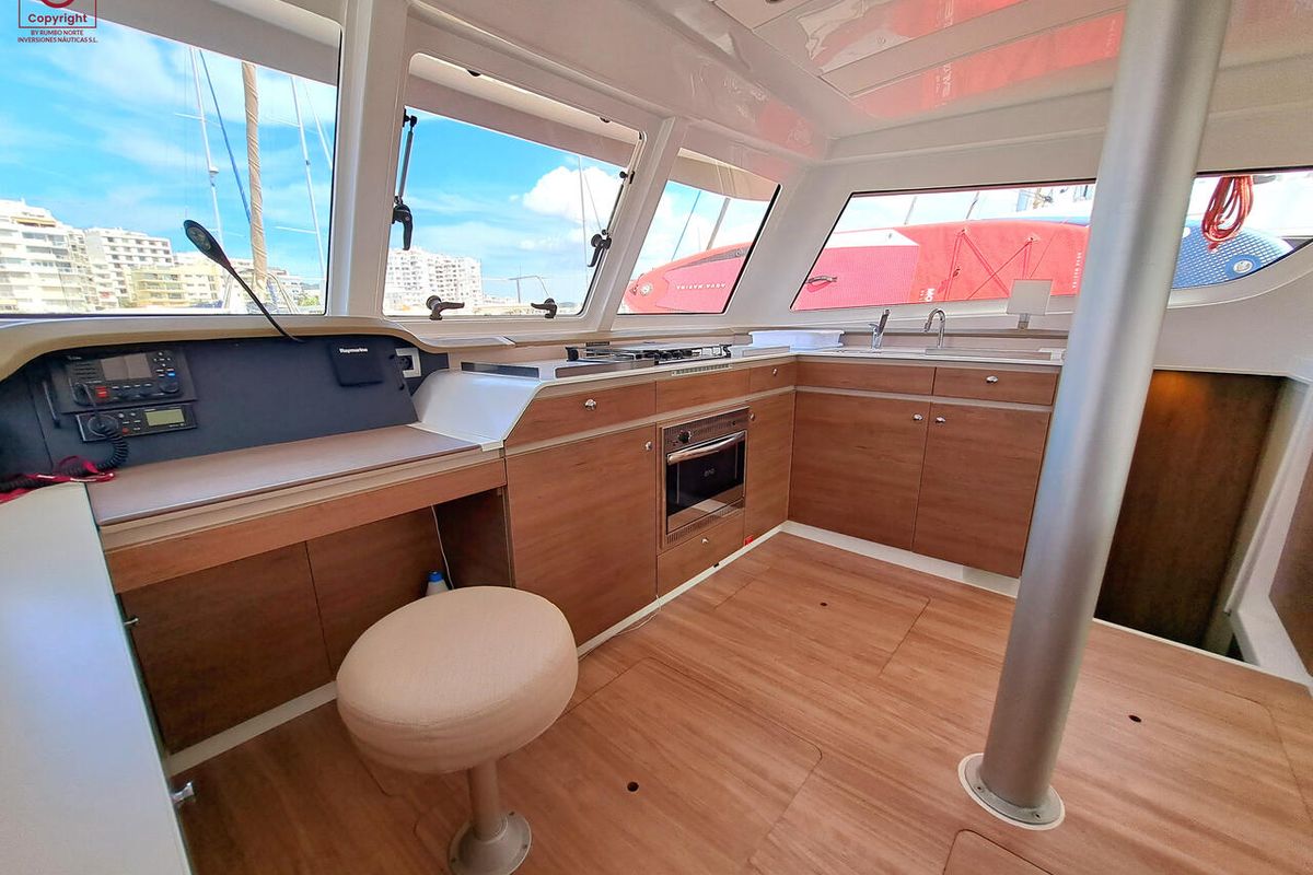 Galley of Turandot, a Bali Catspace catamaran at Sant Antoni de Portmany, Spain