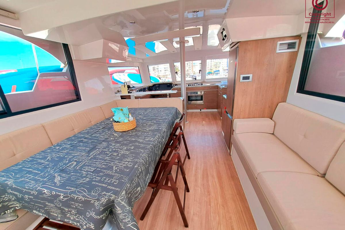 Salon of Turandot, a Bali Catspace catamaran at Sant Antoni de Portmany, Spain