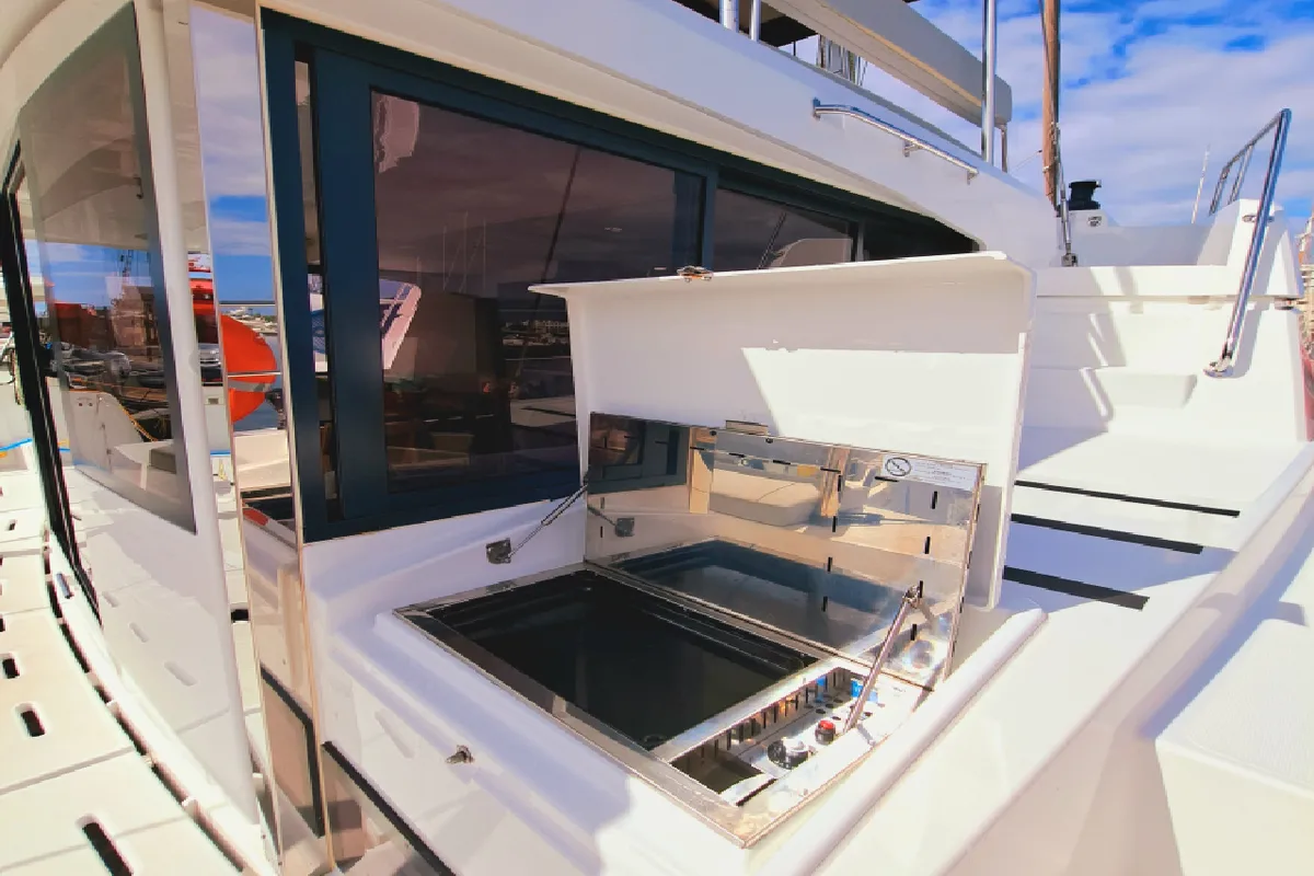 Galley of Turandot, a Bali Catspace catamaran at Sant Antoni de Portmany, Spain