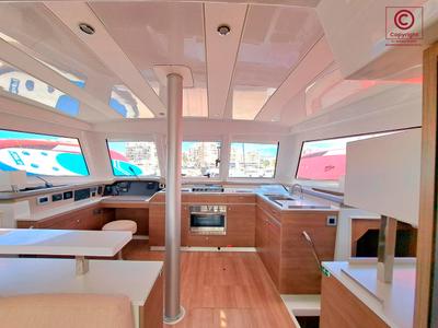 Salon of Turandot, a Bali Catspace catamaran at Sant Antoni de Portmany, Spain