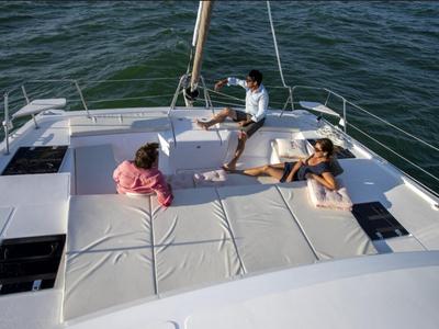 Deck of Turandot, a Bali Catspace catamaran at Sant Antoni de Portmany, Spain