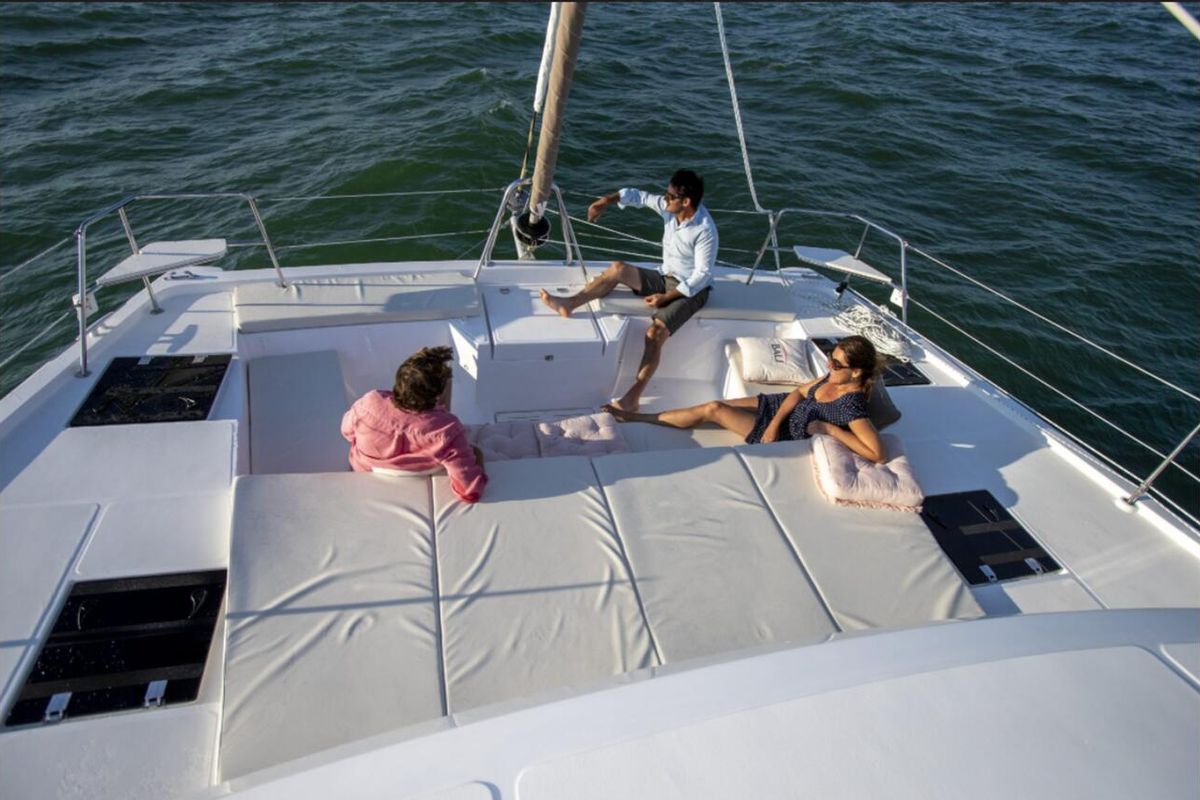 Deck of Turandot, a Bali Catspace catamaran at Sant Antoni de Portmany, Spain