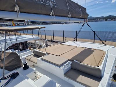 Cockpit of Turandot, a Bali Catspace catamaran at Sant Antoni de Portmany, Spain