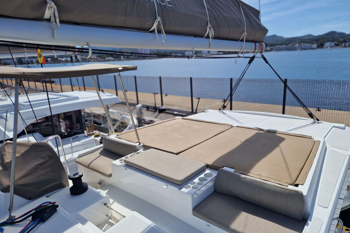 Cockpit of Turandot, a Bali Catspace catamaran at Sant Antoni de Portmany, Spain