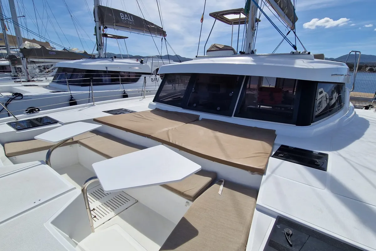 Deck of Turandot, a Bali Catspace catamaran at Sant Antoni de Portmany, Spain