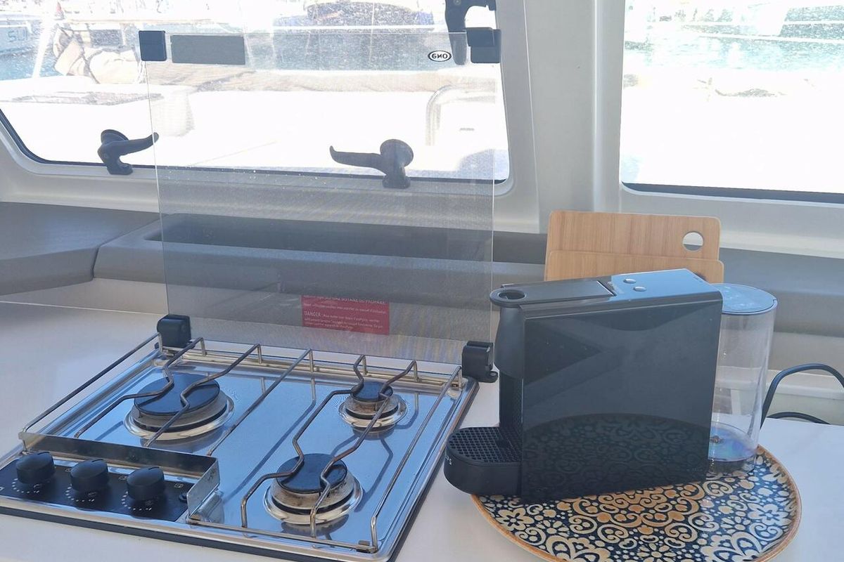 Galley of Turandot, a Bali Catspace catamaran at Sant Antoni de Portmany, Spain